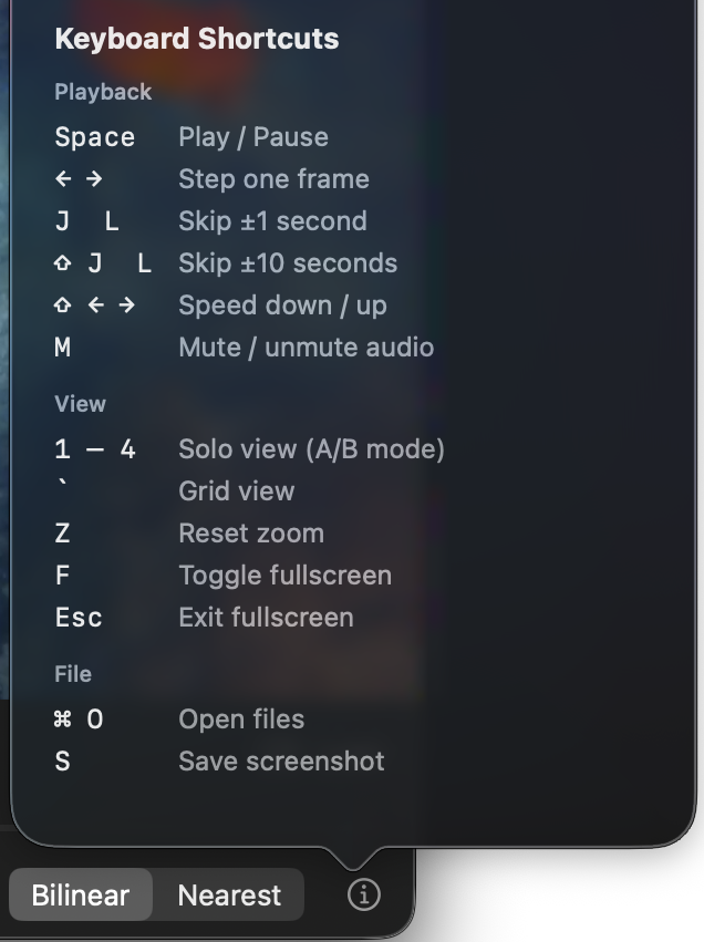 About popover showing keyboard shortcuts